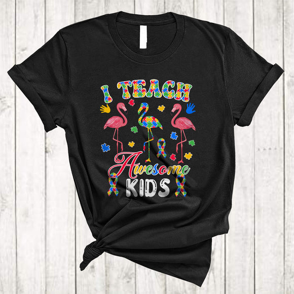 MacnyStore - I Teach Awesome Kids, Cute Autism Awareness Three Puzzle Ribbon Flamingos, Teacher Lover T-Shirt
