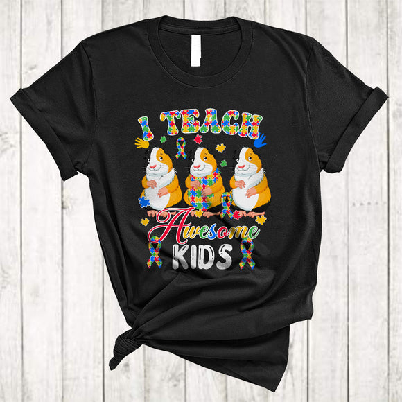 MacnyStore - I Teach Awesome Kids, Cute Autism Awareness Three Puzzle Ribbon Guinea Pigs, Teacher Lover T-Shirt
