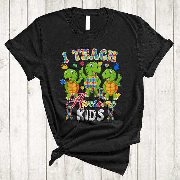 MacnyStore - I Teach Awesome Kids, Cute Autism Awareness Three Puzzle Ribbon Turtles, Teacher Lover T-Shirt