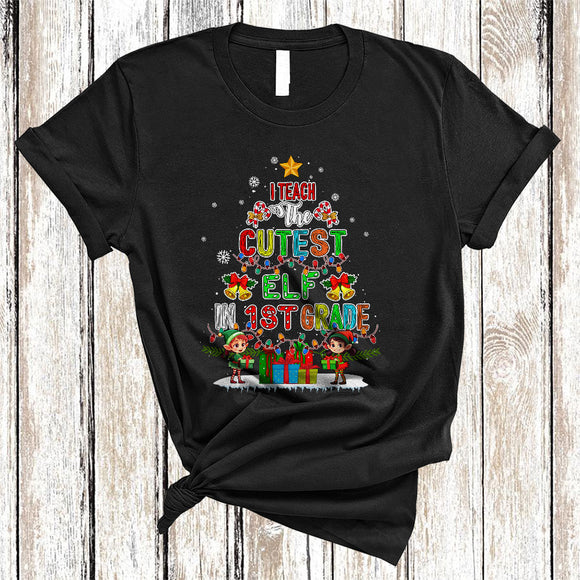 MacnyStore - I Teach The Cutest ELF In 1st Grade, Colorful Christmas Tree ELF, X-mas Lights Teacher Lover T-Shirt
