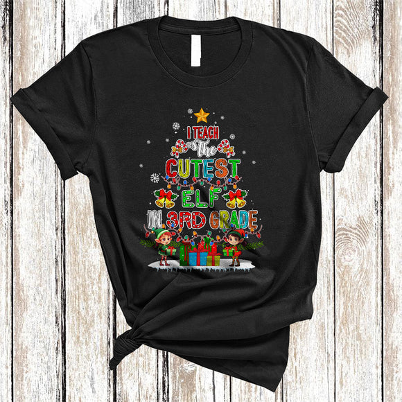 MacnyStore - I Teach The Cutest ELF In 3rd Grade, Colorful Christmas Tree ELF, X-mas Lights Teacher Lover T-Shirt