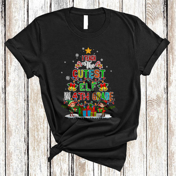 MacnyStore - I Teach The Cutest ELF In 4th Grade, Colorful Christmas Tree ELF, X-mas Lights Teacher Lover T-Shirt