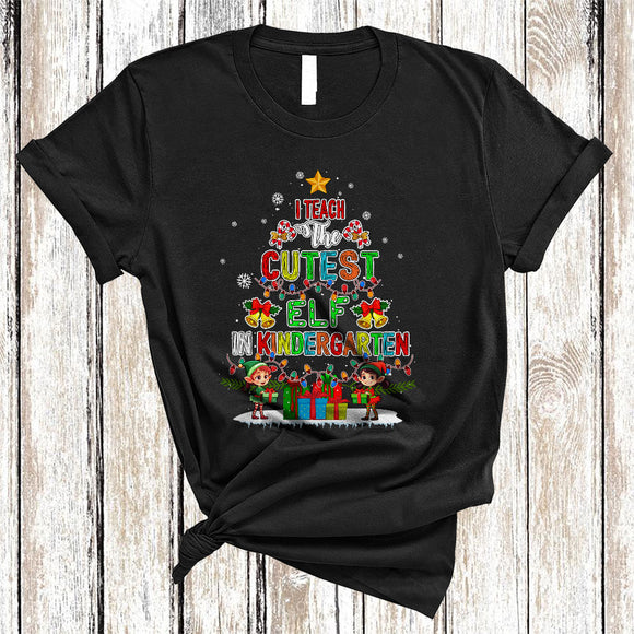MacnyStore - I Teach The Cutest ELF In Kindergarten, Colorful Christmas Tree ELF, X-mas Lights Teacher Lover T-Shirt