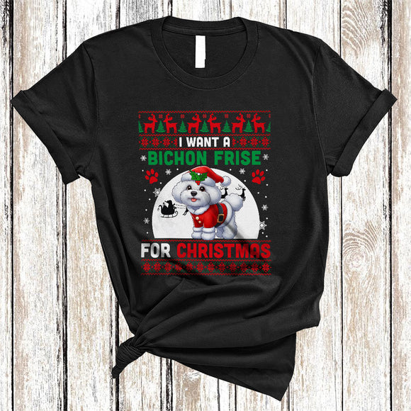 MacnyStore - I Want A Bichon Frise For Christmas, Fantastic X-mas Sweater Moon Santa Lover, Family Group T-Shirt