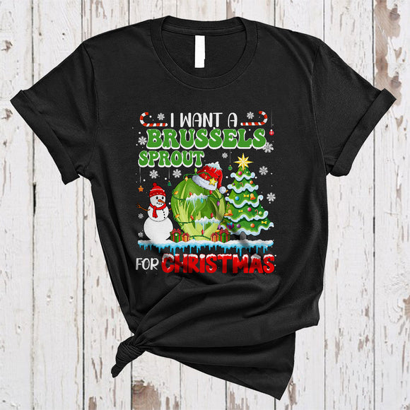 MacnyStore - I Want A Brussels Sprout For Christmas, Joyful Santa Brussel Sprouts, X-mas Tree Snowman Vegan T-Shirt