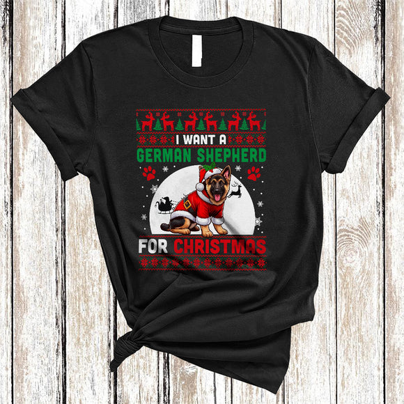 MacnyStore - I Want A German Shepherd For Christmas, Fantastic X-mas Sweater Moon Santa, Family Group T-Shirt