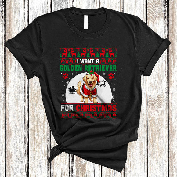 MacnyStore - I Want A Golden Retriever For Christmas, Fantastic X-mas Sweater Moon Santa, Family Group T-Shirt