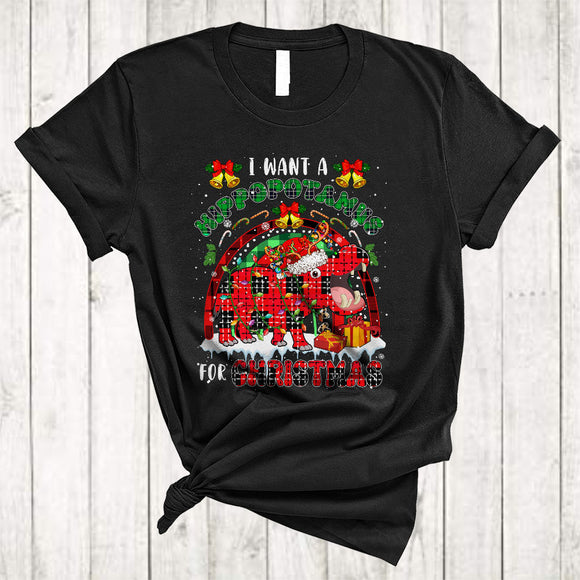 MacnyStore - I Want A Hippopotamus For Christmas, Awesome Santa Hippo Plaid Rainbow, Snow Zoo Animal T-Shirt