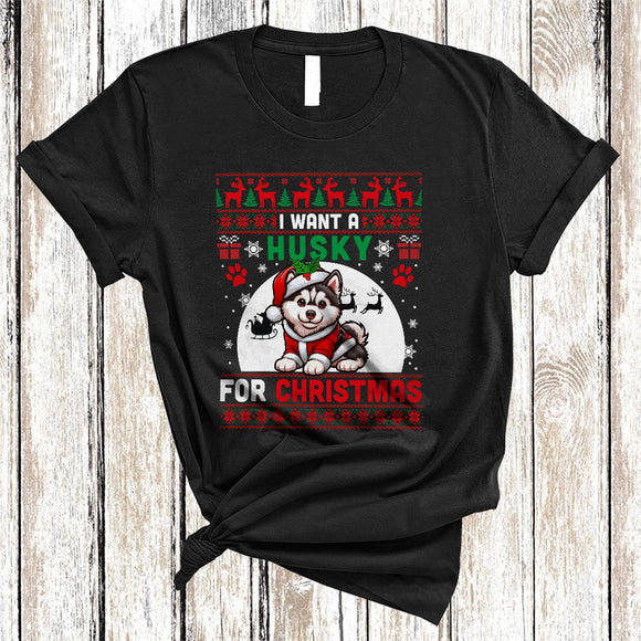 MacnyStore - I Want A Husky For Christmas, Fantastic X-mas Sweater Moon Santa Lover, Family Group T-Shirt