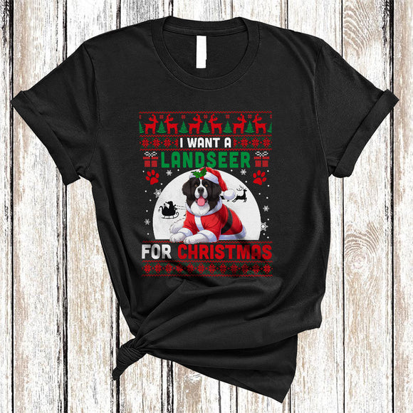 MacnyStore - I Want A Landseer For Christmas, Fantastic X-mas Sweater Moon Santa Lover, Family Group T-Shirt