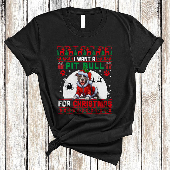 MacnyStore - I Want A Pit Bull For Christmas, Fantastic X-mas Sweater Moon Santa Lover, Family Group T-Shirt