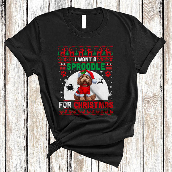 MacnyStore - I Want A Sproodle For Christmas, Fantastic X-mas Sweater Moon Santa Lover, Family Group T-Shirt