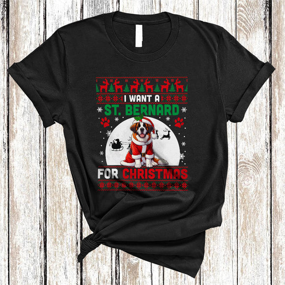MacnyStore - I Want A St. Bernard For Christmas, Fantastic X-mas Sweater Moon Santa Lover, Family Group T-Shirt