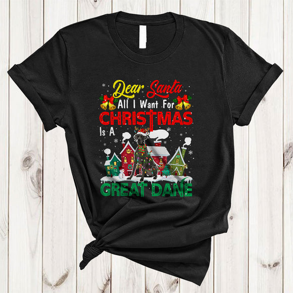 MacnyStore - I Want For Christmas Is A Great Dane, Amazing X-mas Lights Santa, Pajamas Snow Around T-Shirt