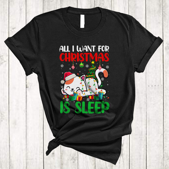 MacnyStore - I Want For Christmas Is Sleep, Joyful X-mas Sleeping Santa Kitten, Animal Lover Family Group T-Shirt