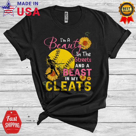 MacnyStore - I'm A Beauty In The Streets Beast In My Cleats Cool Cute Sunflowers Softball Sport Player T-Shirt