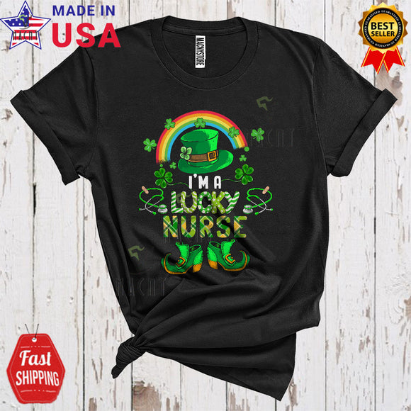 MacnyStore - I'm A Lucky Nurse Cute Happy St. Patrick's Day Plaid Leprechaun Shoes Hat Shamrocks Rainbow T-Shirt