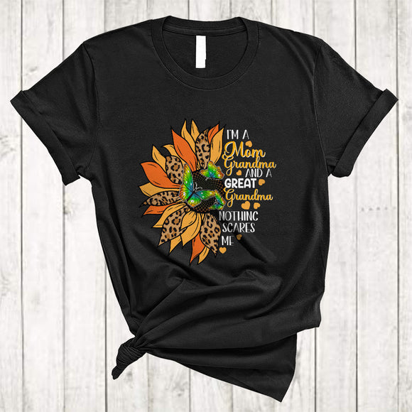 MacnyStore - I'm A Mom Grandma And A Great Grandma, Awesome Mother's Day Half Sunflower Leopard, Butterfly T-Shirt