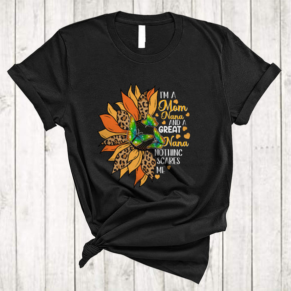 MacnyStore - I'm A Mom Nana And A Great Nana, Awesome Mother's Day Half Sunflower Leopard, Butterfly T-Shirt