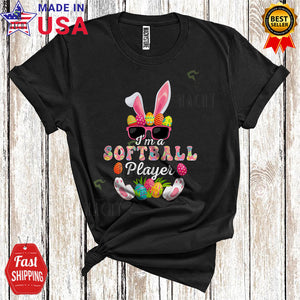 MacnyStore - I'm A Softball Player Cute Cool Easter Eggs Bunny Wearing Sunglasses Sport Playing Team T-Shirt