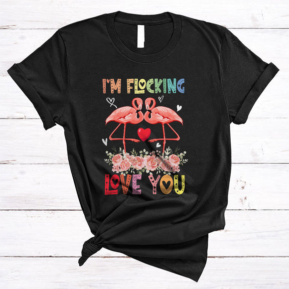 MacnyStore - I'm Flocking Love You, Floral Valentine's Day Flowers Flamingo, Hearts Matching Couple Lover T-Shirt