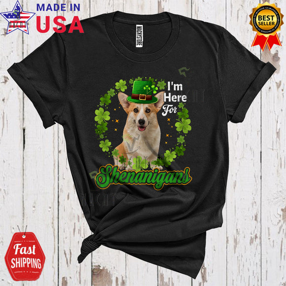 MacnyStore - I'm Here For Shenanigans Funny Cute St. Patrick's Day Leprechaun Corgi Shamrock Circle T-Shirt