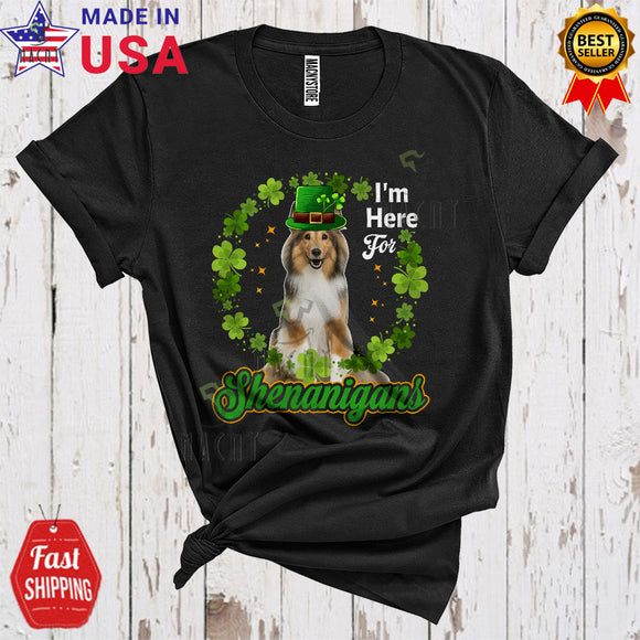 MacnyStore - I'm Here For Shenanigans Funny Cute St. Patrick's Day Leprechaun Shetland Sheepdog Shamrock Circle T-Shirt