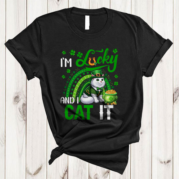 MacnyStore - I'm Lucky And I Cat It, Amazing St. Patrick's Day Cat Lover, Rainbow Irish Shamrock T-Shirt
