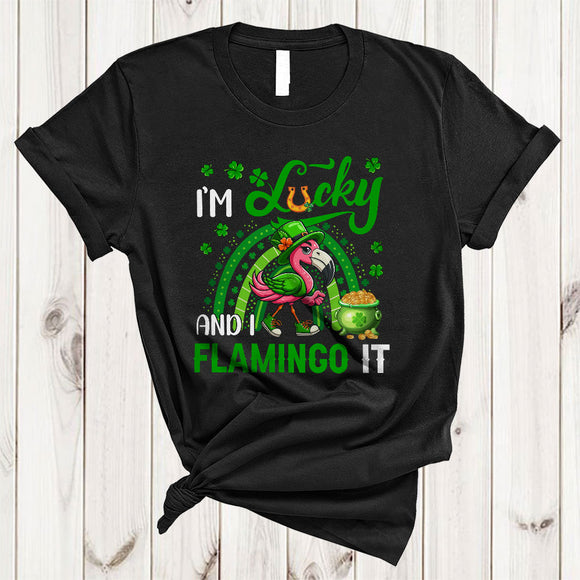 MacnyStore - I'm Lucky And I Flamingo It, Amazing St. Patrick's Day Flamingo Lover, Rainbow Irish Shamrock T-Shirt