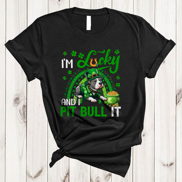 MacnyStore - I'm Lucky And I Pit Bull It, Amazing St. Patrick's Day Pit Bull Lover, Rainbow Irish Shamrock T-Shirt