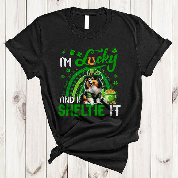 MacnyStore - I'm Lucky And I Sheltie It, Amazing St. Patrick's Day Sheltie Lover, Rainbow Irish Shamrock T-Shirt