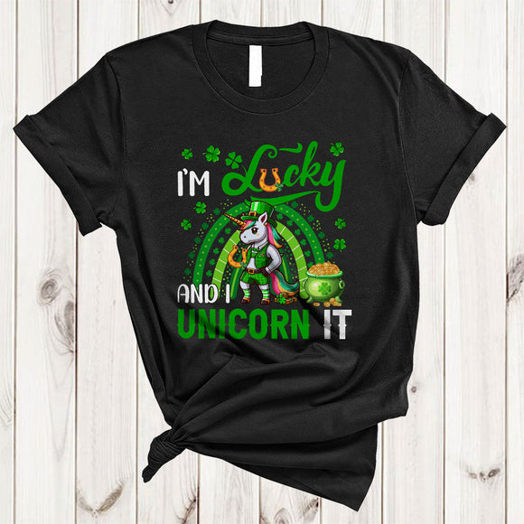 MacnyStore - I'm Lucky And I Unicorn It, Amazing St. Patrick's Day Unicorn Lover, Rainbow Irish Shamrock T-Shirt