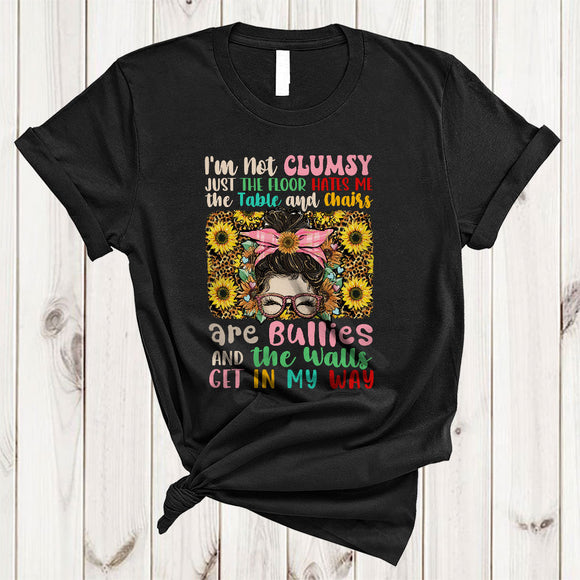 MacnyStore - I'm Not Clumsy Cool Leopard Sunflower Messy Bun Hair Sarcastic Saying Family Friend Group T-Shirt