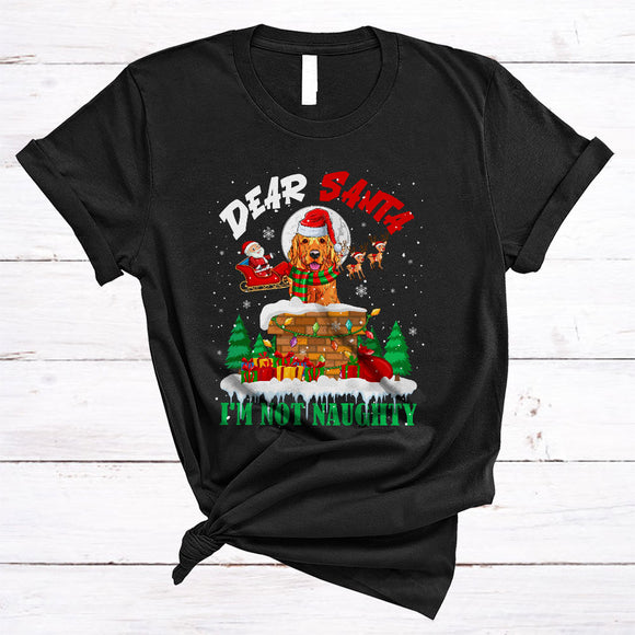 MacnyStore - I'm Not Naughty, Cheerful Christmas Santa Golden Retriever In Chimney, X-mas Sleigh T-Shirt