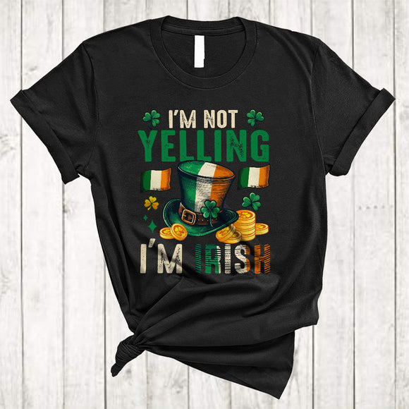 MacnyStore - I'm Not Yelling I'm Irish, Humorous St. Patrick's Day Irish Flag, Vintage Shamrock Drinking Beer T-Shirt