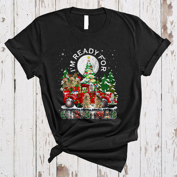 MacnyStore - I'm Ready For Christmas, Adorable X-mas Tree Golden Retriever On Red Pickup Truck, Snow Around T-Shirt