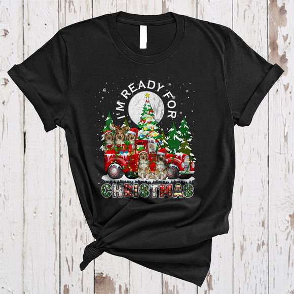 MacnyStore - I'm Ready For Christmas, Adorable X-mas Tree Shetland Sheepdog On Red Pickup Truck, Snow Around T-Shirt
