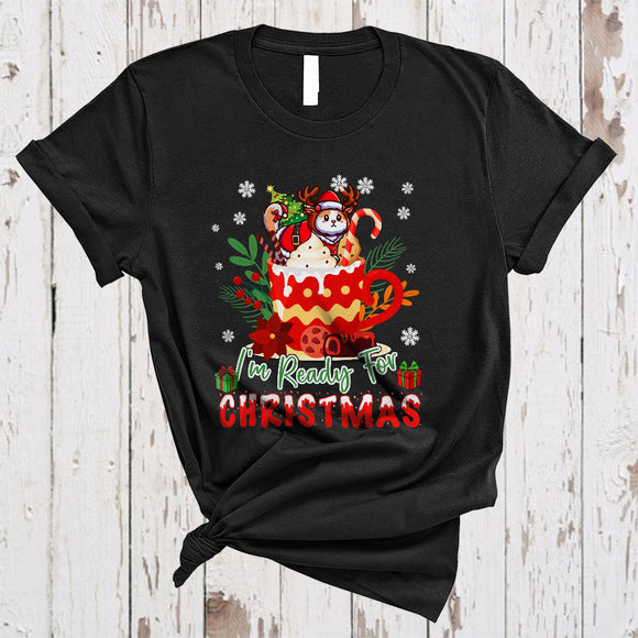 MacnyStore - I'm Ready For Christmas, Cheerful Santa Reindeer Cat In Coffee Cup, X-mas Snow Family T-Shirt