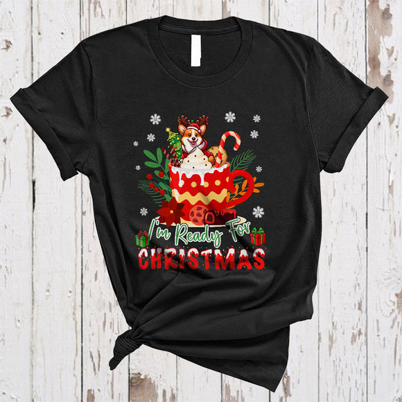 MacnyStore - I'm Ready For Christmas, Cheerful Santa Reindeer Corgi In Coffee Cup, X-mas Snow Family T-Shirt