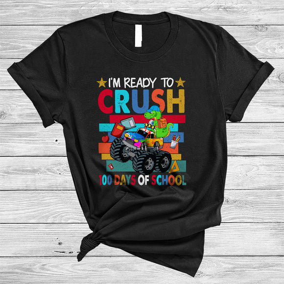 MacnyStore - I'm Ready To Crush 100 Days Of School, Cheerful Vintage T-Rex Riding Monster Truck, Student Teacher T-Shirt