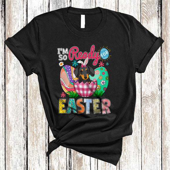 MacnyStore - I'm So Ready For Easter, Lovely Bunny Dachshund In Plaid Easter Egg, Colorful Flowers Egg Hunting T-Shirt