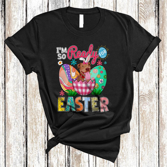 MacnyStore - I'm So Ready For Easter, Lovely Bunny Pit Bull In Plaid Easter Egg, Colorful Flowers Egg Hunting T-Shirt