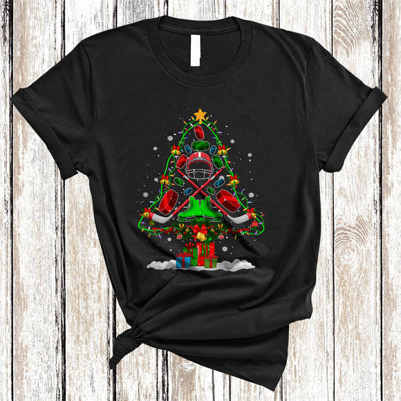 MacnyStore - Ice Hockey Equipment As Christmas Tree, Colorful X-mas Lights Snow, Sport Player Team T-Shirt