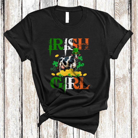 MacnyStore - Irish Girl, Wonderful St. Patrick's Day Cow Lover, Matching Women Irish Flag Shamrock T-Shirt