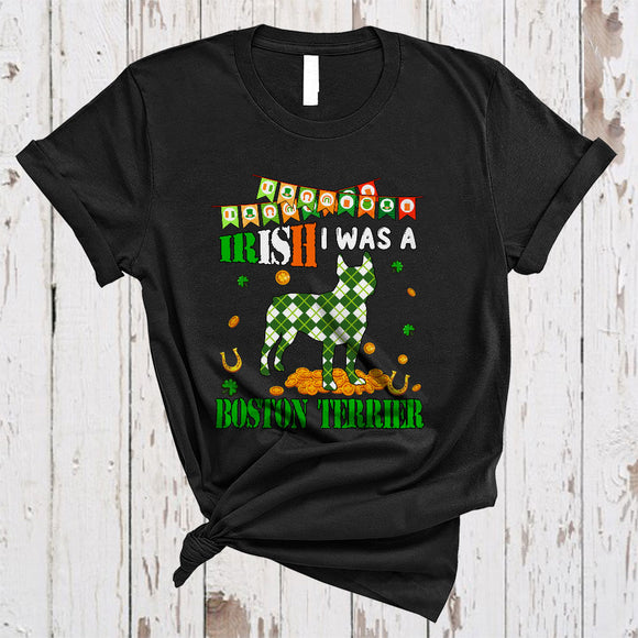 MacnyStore - Irish I Was A Boston Terrier, Lovely St. Patrick's Day Plaid Irish Lucky Shamrock, Matching Animal Lover T-Shirt