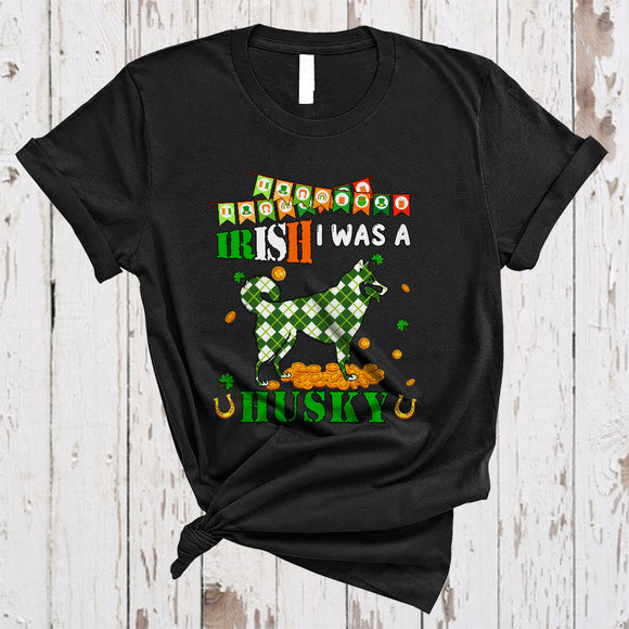 MacnyStore - Irish I Was A Husky, Lovely St. Patrick's Day Plaid Irish Lucky Shamrock, Matching Animal Lover T-Shirt
