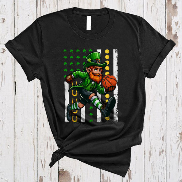 MacnyStore - Irish Man Playing Basketball, Joyful St. Patrick's Day Shamrock US Flag, Sport Player Team T-Shirt