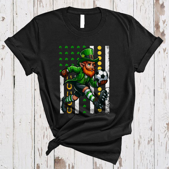 MacnyStore - Irish Man Playing Soccer, Joyful St. Patrick's Day Shamrock US Flag, Sport Player Team T-Shirt