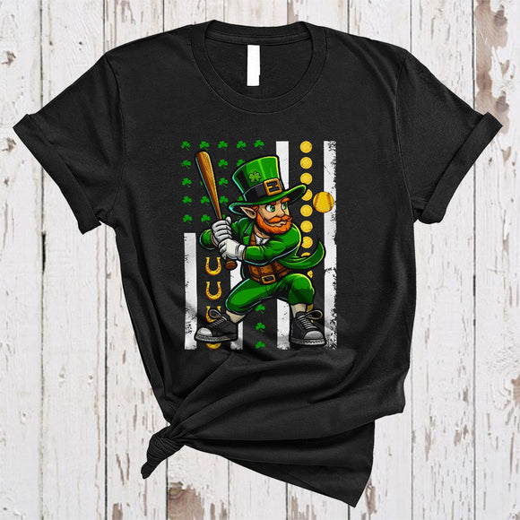 MacnyStore - Irish Man Playing Softball, Joyful St. Patrick's Day Shamrock US Flag, Sport Player Team T-Shirt