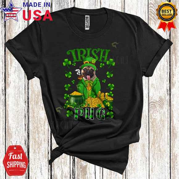 MacnyStore - Irish Pug Funny Cute St. Patrick's Day Plaid Shamrock Leprechaun Pug Dog Owner Lover T-Shirt